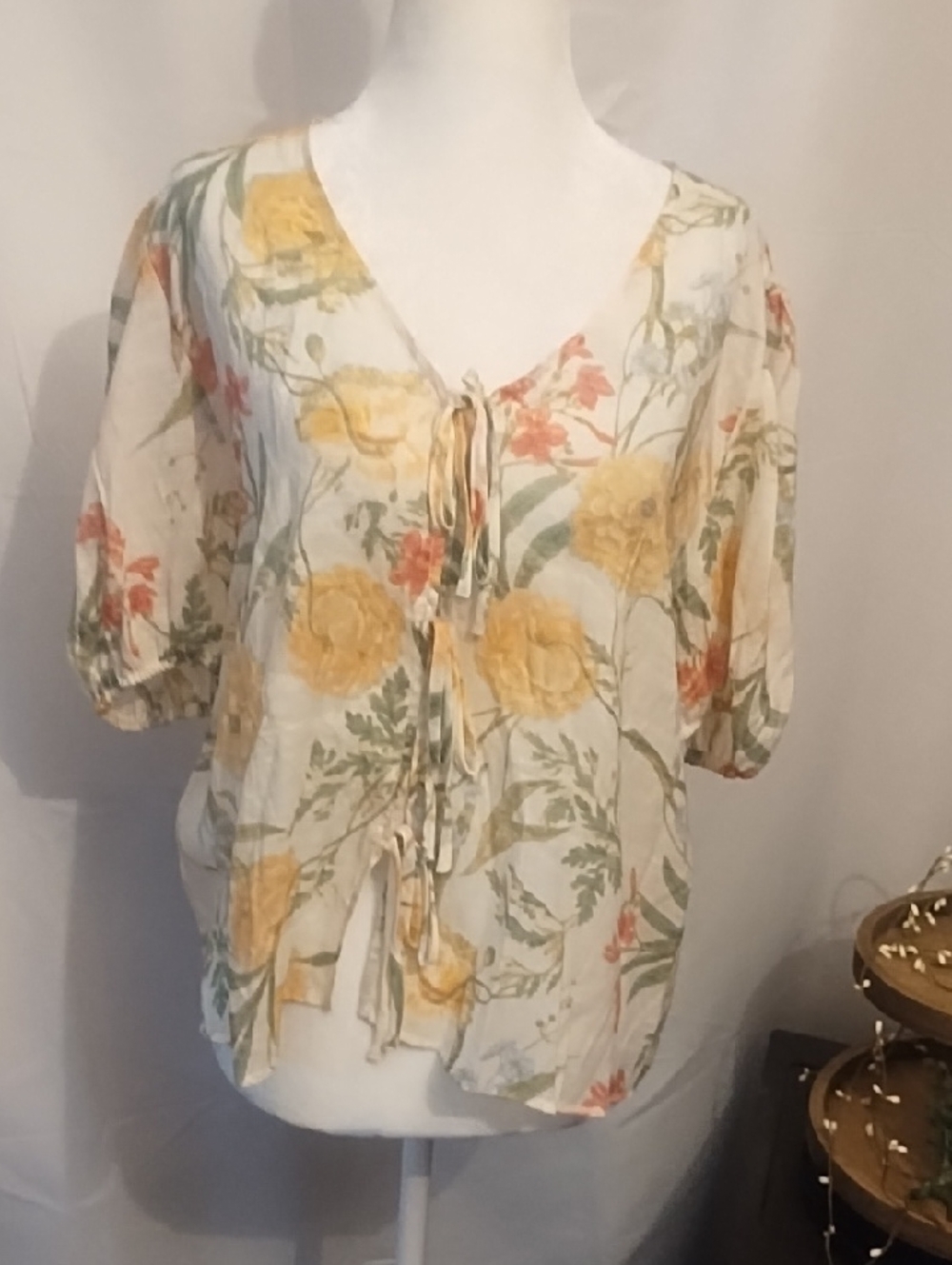 Rose & Olive Cream Floral Tie-Front Blouse with Yellow & Green Print